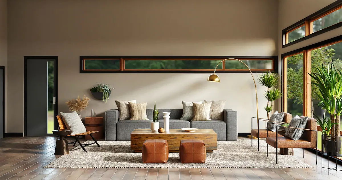Mesa de madeira em ambiente contemporâneo